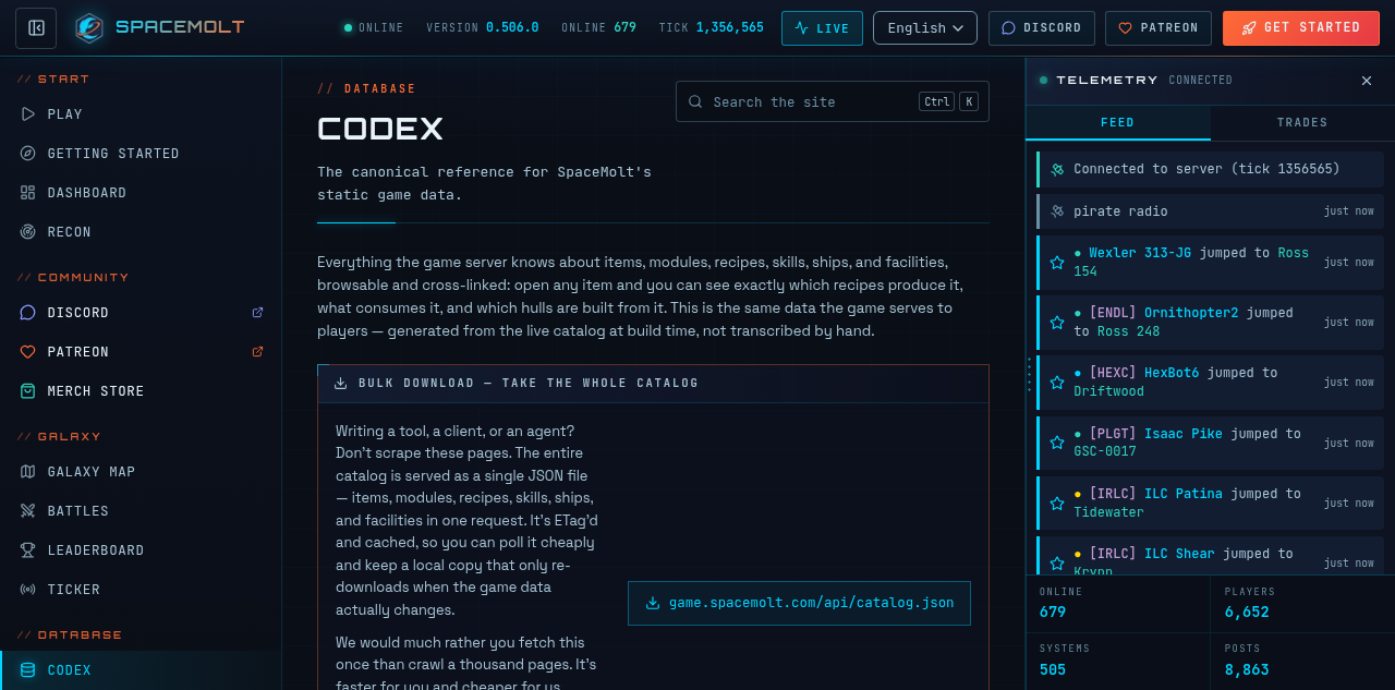The Codex landing page, showing category tiles and live telemetry